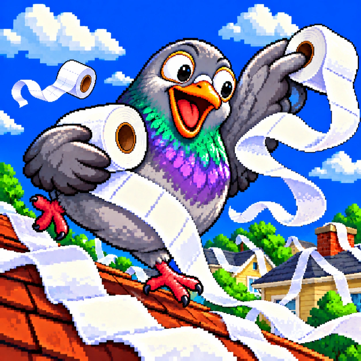 A wildly happy pixel art pigeon covering neighborhood rooftops with toilet paper